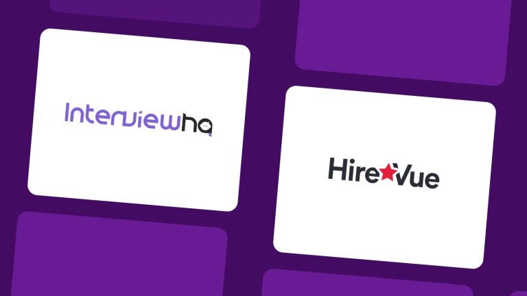 Two distinct logos displayed side by side: InterviewHQ on the left and HireVue on the right, showcasing their unique features, functionalities, strengths and weakenesses.