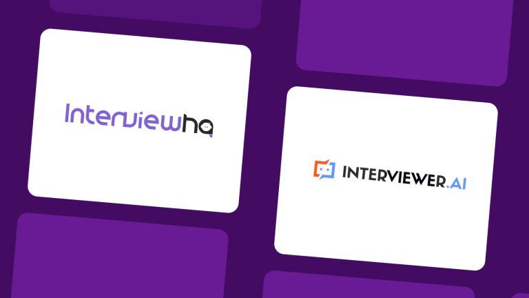 Two distinct logos displayed side by side: InterviewHQ on the left and Interviewer.AI on the right, showcasing their unique features, functionalities, pricing, pros and cons..